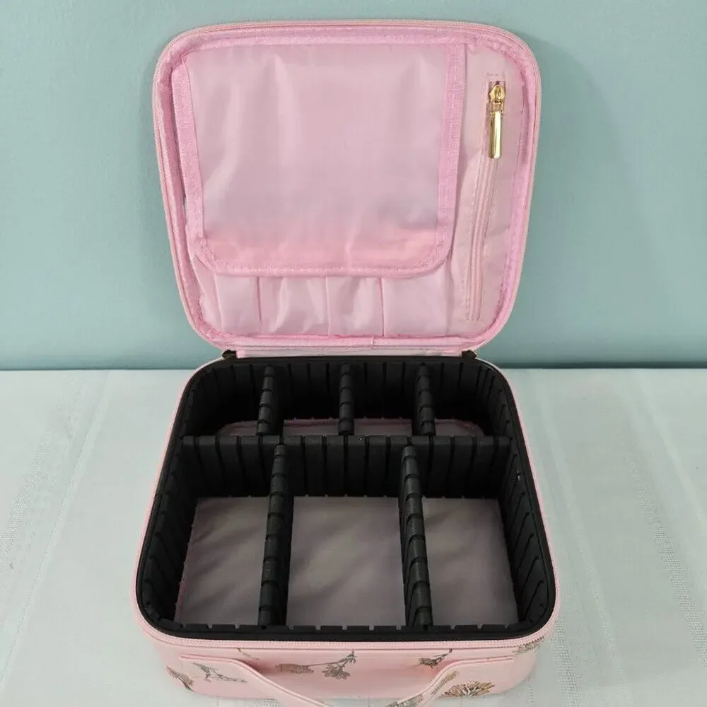 Makeup Cosmetic Case with Moveable Dividers Zipper & Pouches Pink w/Daisies